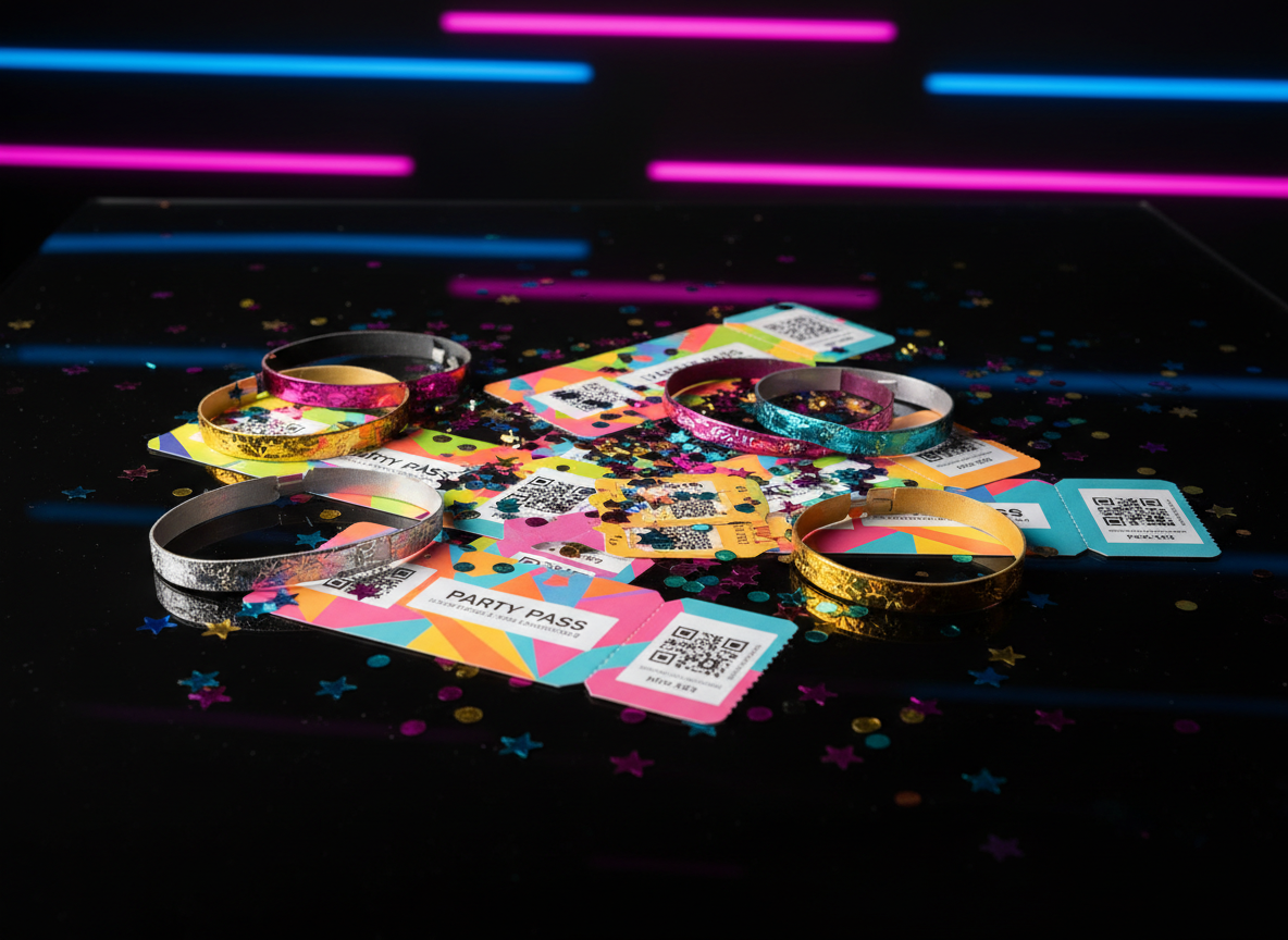 A vibrant, meticulously arranged flat lay of colorful event tickets, glossy wristbands, and metallic confetti scattered across a sleek black acrylic surface. Each ticket displays playful abstract shapes, QR-style codes, and bold neon accents suggesting exclusive access. Soft studio lighting from above creates crisp reflections on the acrylic and subtle shadows beneath each object, enhancing depth. In the blurred background, out-of-focus LED light strips glow magenta and electric blue, hinting at nightlife energy. Shot from a bird’s eye view in photographic realism, with sharp focus across the frame, the mood feels dynamic, fun, and full of anticipation, perfectly capturing the excitement of discovering the next big party through a special ticket link.