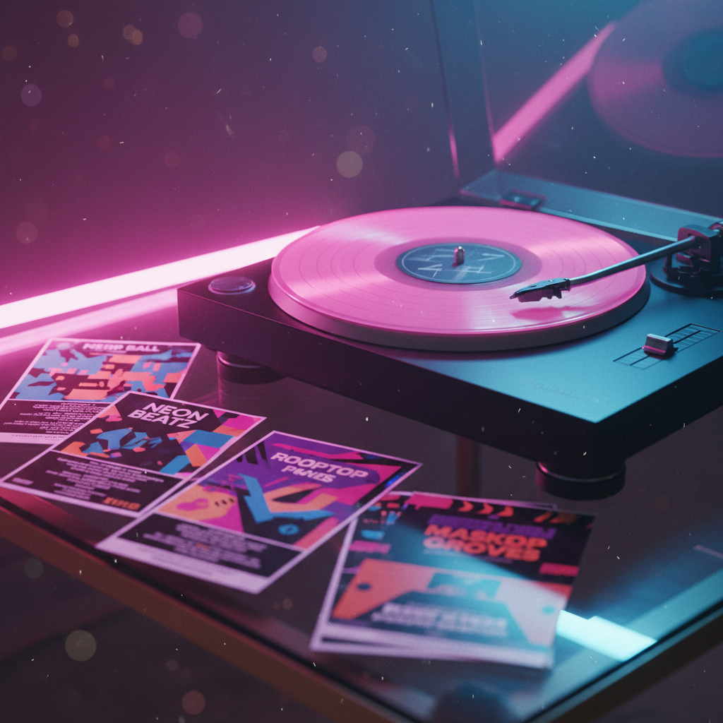 A sleek, black turntable with a translucent neon-pink vinyl record spinning slowly, positioned on a reflective smoked-glass table. Around it, neatly arranged stacks of stylized event flyers show abstract, colorful designs for different party themes—electronic nights, rooftop sessions, and themed costume events—without any people visible. Soft, moody lighting from a nearby LED bar casts a magenta and cobalt gradient across the scene, catching dust motes in the air and creating a dreamy, late-night glow. The camera captures the scene from a close, eye-level angle, focusing sharply on the record’s grooves while the flyers and background blur into a creamy bokeh. The photographic realism and vibrant colors suggest a curated, insider guide to the best underground events.