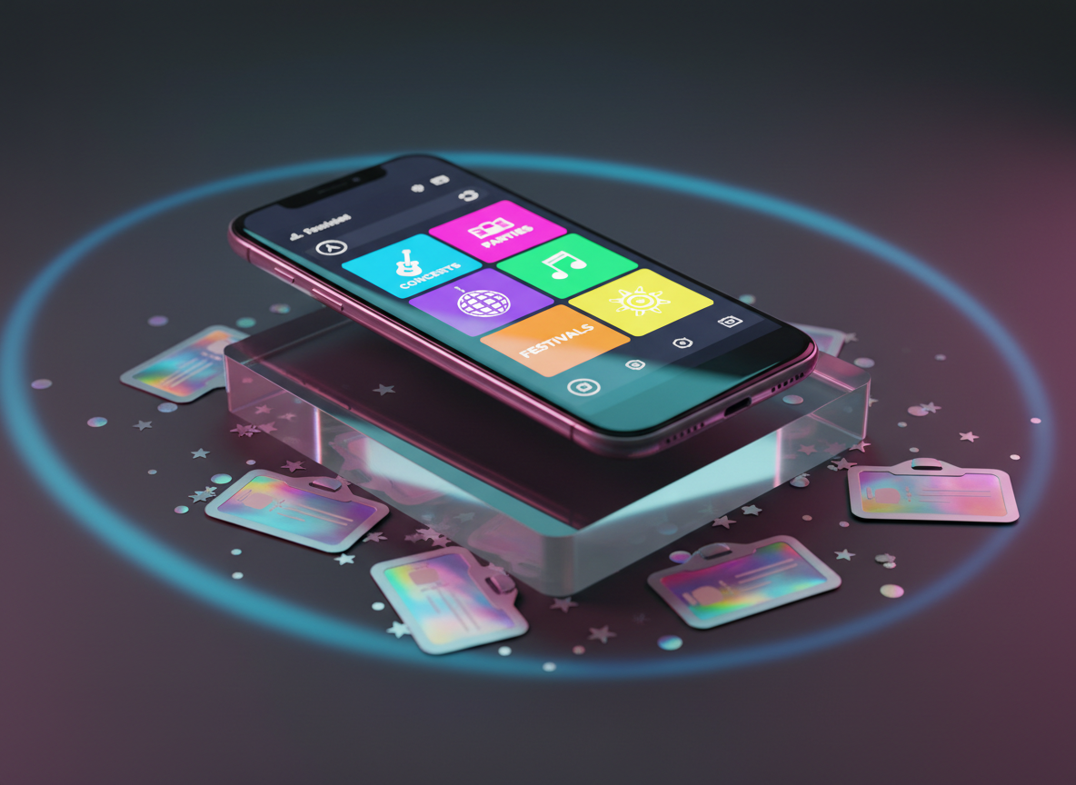 A futuristic, glossy smartphone lying on a transparent acrylic pedestal, its screen displaying a vivid event dashboard filled with colorful tiles labeled for concerts, parties, and festivals. Around the pedestal, scattered holographic-style event badges and iridescent foil confetti shimmer against a deep charcoal backdrop. A gradient neon light wash in pink and cyan sweeps across the scene, creating reflections on the phone’s glass and the pedestal edges. Side lighting adds a subtle rim glow, emphasizing sleek lines and modern tech vibes. Captured at a slightly elevated three-quarter angle in crisp photographic realism, with shallow depth of field softening the distant background, the atmosphere feels playful, high-tech, and full of promise for unforgettable nights out.