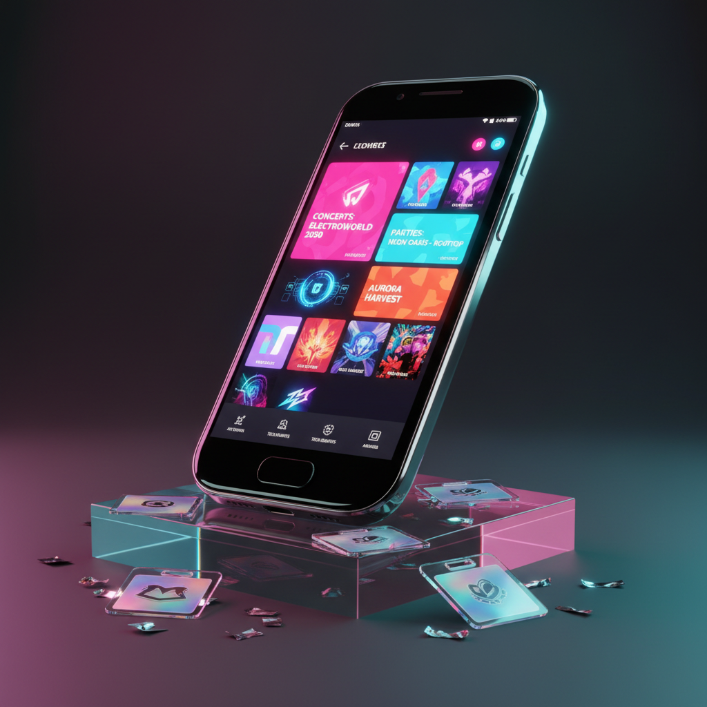 A futuristic, glossy smartphone lying on a transparent acrylic pedestal, its screen displaying a vivid event dashboard filled with colorful tiles labeled for concerts, parties, and festivals. Around the pedestal, scattered holographic-style event badges and iridescent foil confetti shimmer against a deep charcoal backdrop. A gradient neon light wash in pink and cyan sweeps across the scene, creating reflections on the phone’s glass and the pedestal edges. Side lighting adds a subtle rim glow, emphasizing sleek lines and modern tech vibes. Captured at a slightly elevated three-quarter angle in crisp photographic realism, with shallow depth of field softening the distant background, the atmosphere feels playful, high-tech, and full of promise for unforgettable nights out.