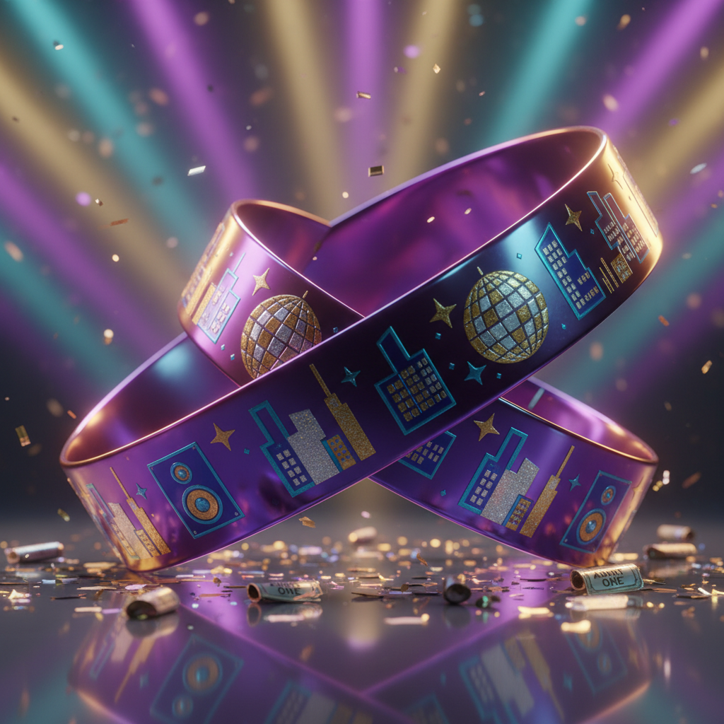 An oversized, glossy admission bracelet coiled dramatically on a mirrored surface, its surface filled with playful icons of speakers, disco balls, and stylized city skylines. The mirror reflects a kaleidoscope of colored spotlights—purple, teal, and gold—beaming in from off-frame, hinting at a massive party just beyond view. Tiny metallic confetti pieces and miniature 3D ticket stubs lie near the bracelet, catching sparks of light. Photographic studio lighting from the side creates sharp, energetic highlights and deep, dramatic shadows, giving the bracelet a larger-than-life presence. Shot at a low angle with the bracelet dominating the foreground and reflections dissolving into soft bokeh, the composition feels bold, immersive, and irresistibly festive.
