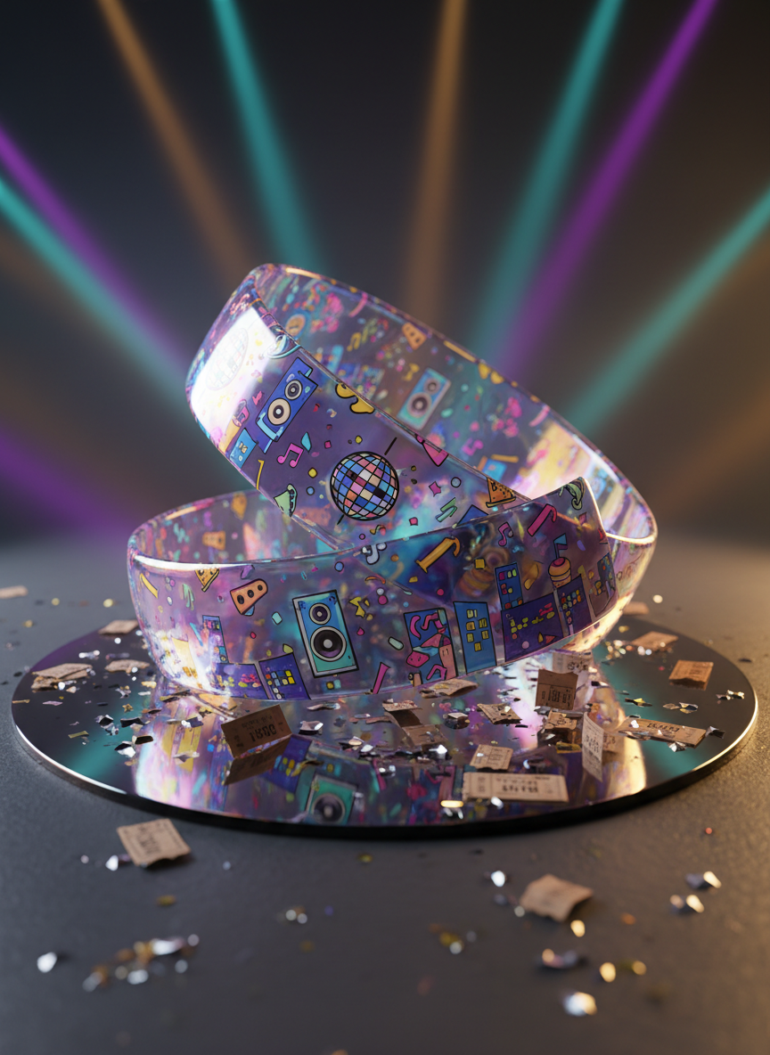 An oversized, glossy admission bracelet coiled dramatically on a mirrored surface, its surface filled with playful icons of speakers, disco balls, and stylized city skylines. The mirror reflects a kaleidoscope of colored spotlights—purple, teal, and gold—beaming in from off-frame, hinting at a massive party just beyond view. Tiny metallic confetti pieces and miniature 3D ticket stubs lie near the bracelet, catching sparks of light. Photographic studio lighting from the side creates sharp, energetic highlights and deep, dramatic shadows, giving the bracelet a larger-than-life presence. Shot at a low angle with the bracelet dominating the foreground and reflections dissolving into soft bokeh, the composition feels bold, immersive, and irresistibly festive.