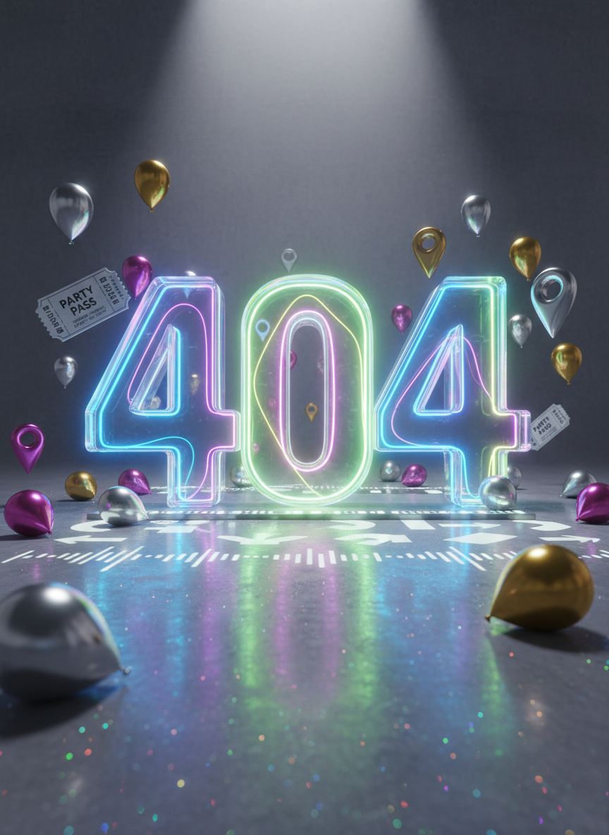 A whimsical, oversized “404” sculpture built from glossy, transparent acrylic blocks, each digit internally lit with shifting neon colors—lime, violet, and electric blue. The sculpture sits on a polished concrete floor dusted with subtle glitter, surrounded by floating, helium-filled metallic balloons shaped like tiny tickets and stylized location pins. Hidden LED strips around the base project playful patterns—arrows, waves, and beats—onto the floor. A soft, diffused spotlight from above makes the acrylic glow and casts intricate colored shadows outward. Captured in photographic realism from a slightly low, wide-angle perspective, with the sculpture centered and the balloons drifting softly out of focus, the image feels fun, slightly surreal, and perfectly embodies the idea of turning “404” into a portal for unexpected, unforgettable parties.