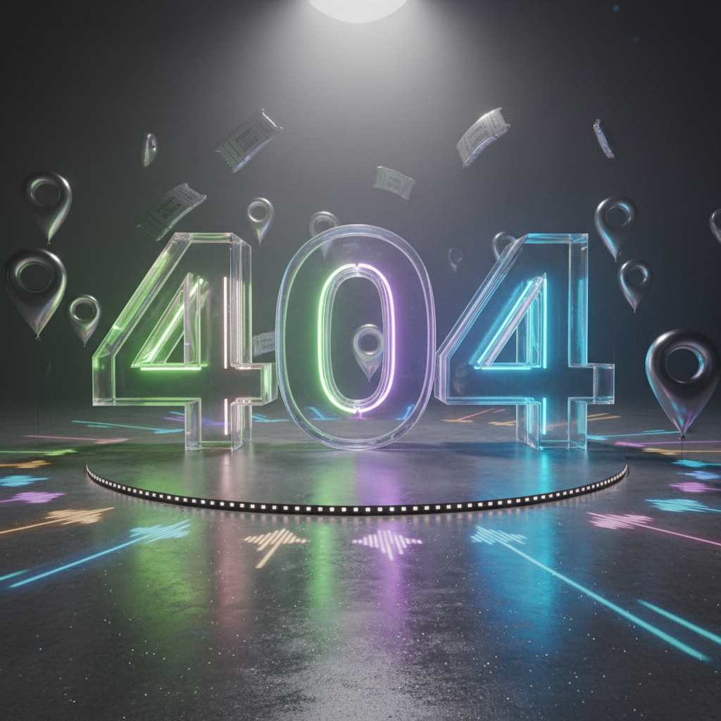 A whimsical, oversized “404” sculpture built from glossy, transparent acrylic blocks, each digit internally lit with shifting neon colors—lime, violet, and electric blue. The sculpture sits on a polished concrete floor dusted with subtle glitter, surrounded by floating, helium-filled metallic balloons shaped like tiny tickets and stylized location pins. Hidden LED strips around the base project playful patterns—arrows, waves, and beats—onto the floor. A soft, diffused spotlight from above makes the acrylic glow and casts intricate colored shadows outward. Captured in photographic realism from a slightly low, wide-angle perspective, with the sculpture centered and the balloons drifting softly out of focus, the image feels fun, slightly surreal, and perfectly embodies the idea of turning “404” into a portal for unexpected, unforgettable parties.